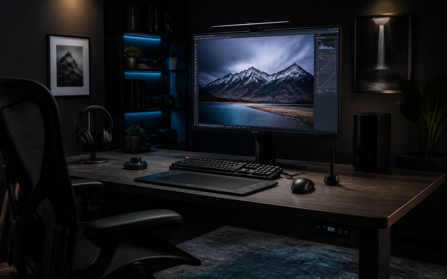 Electric standing desk with a color-accurate monitor, Wacom tablet and sleek peripherals inside a pixHatch node